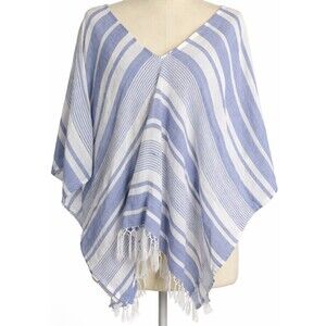 Mud Pie Blue White Striped Cotton Poncho Top One Size Fringe Beach Cover